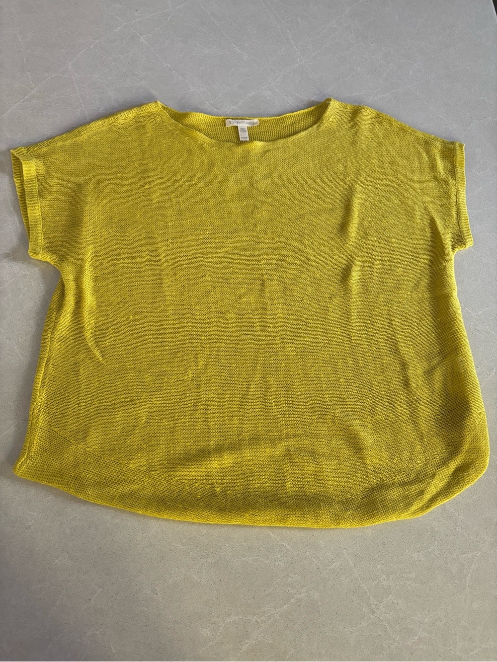 Eileen Fisher Organic Linen Open Knit Citron Yellow Sweater S16OLG